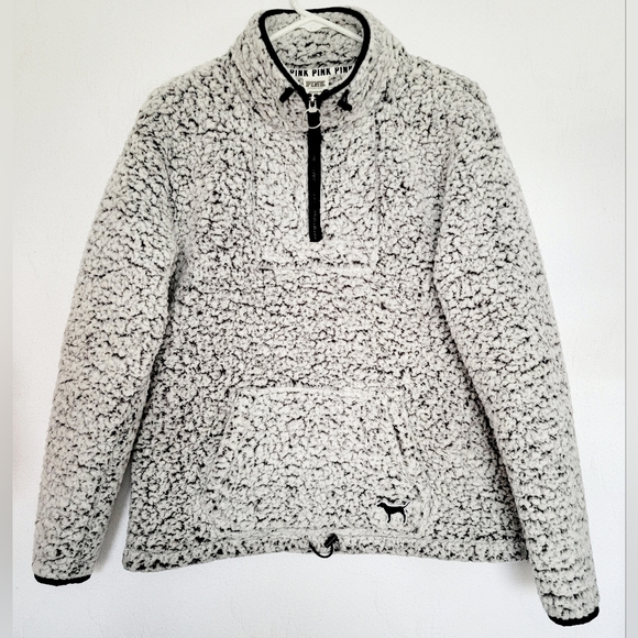 PINK Victoria's Secret Women Fuzzy Sherpa Pullover Sweater 3/4 Zip Front Gray S - Picture 2 of 16